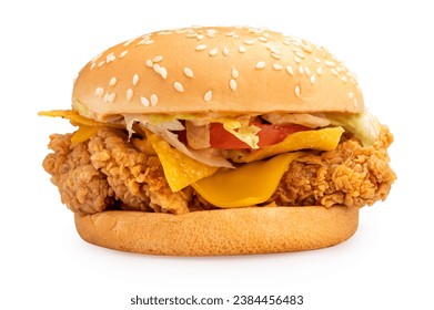 Chicken Hamburger with cheese, tomato, onion, lettuce on white background, FriedChicken Hamburger isolate on white With clippingpath.