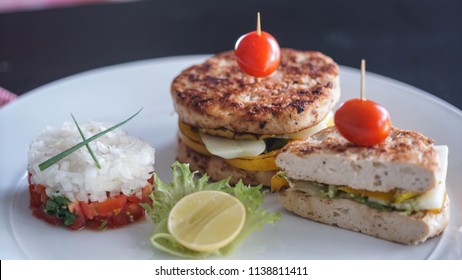 Chicken Hamburger Ingredients Onion, Tomato, Cucumber And Grilled Sweet Yellow Pepper Serving With Tomato, Celery, Onion And Lemon. Concept Of Healthy Eating And Dieting Lifestyle. Select Focus.