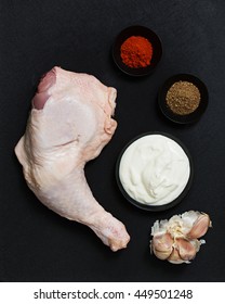 Chicken And Ingredients For Yogurt Marinade. Selective Focus.