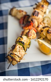 Chicken Kabobs. Cubes Of Grilled Chicken, Grilled Vegetables, Onions Bell Peppers And Seasoned With Garlic And Spices. Served With Rice, Traditional Classic Greek Or Italian Restaurant Favorite. 