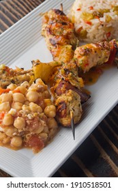 Chicken Kabobs. Cubes Of Grilled Chicken, Grilled Vegetables, Onions Bell Peppers And Seasoned With Garlic And Spices. Served With Rice, Traditional Classic Greek Or Italian Restaurant Favorite. 