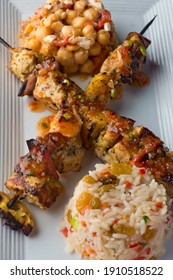 Chicken Kabobs. Cubes Of Grilled Chicken, Grilled Vegetables, Onions Bell Peppers And Seasoned With Garlic And Spices. Served With Rice, Traditional Classic Greek Or Italian Restaurant Favorite. 