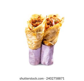 Chicken Kathi Rolls,  Indian fast food paratha shawarma wrap paper on white background, chicken frankie roll isolated 