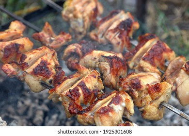 Chicken Kebab, Outdoors, On A Homemade Grill, Close-up