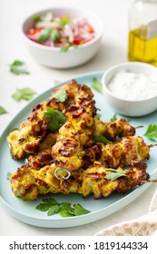 Chicken Kebab Yogurt Marinated With Tzatziki Sauce And Vegetable Salad