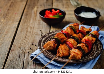 Chicken Kebabs With Vegetables And Greek Yogurt Sauce. Toning. Selective Focus