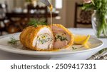 Chicken Kiev:
Juicy chicken breast stuffed with garlic butter, breaded and fried to a crispy, golden finish.