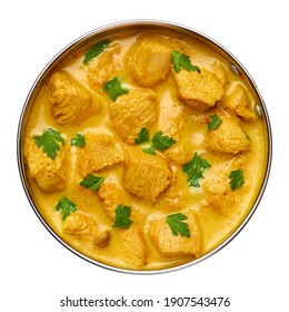 Chicken Korma Isolated On White. Indian Cuisine Meat Curry Dish With Coconut Milk Masala. Asian Food