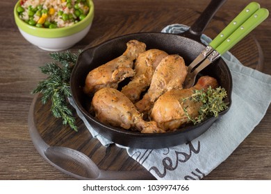 Chicken Legs (drumsticks) With Yogurt, Paprika And Honey Marinade In A Frying Pan.