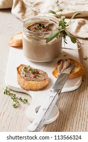 Chicken Liver Pate On Bread And In Jar