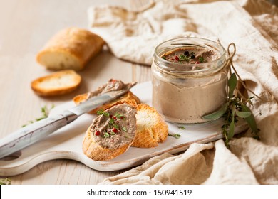 Chicken Liver Pate On Bread And In Jar