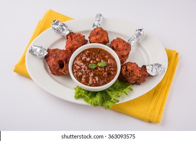 Chicken Lolipop, Chicken Winglet, Tandoori Chicken. Famous Indian Non Veg Dish, Roasted Chicken Covered With Silver Foil, Served With Spicy Chutney, Indian Chinese Appetizer