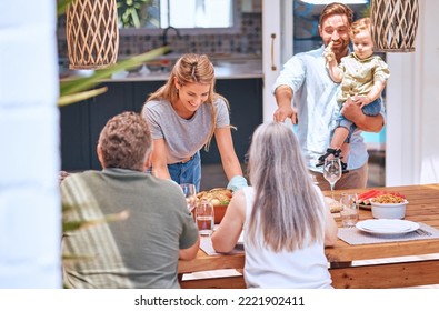 Chicken, Lunch And Big Family Eating At A Dining Room Table In Their House With Love, Smile And Celebration Together. Food, Happy And Woman With A Turkey Dinner For Senior Parents, Child And Man