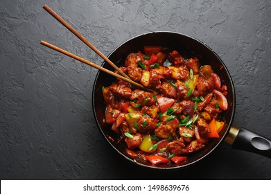 chilli chicken gravy images stock photos vectors shutterstock https www shutterstock com image photo chicken manchurian pan black concrete background 1498639676