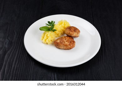 Chicken Meat Cutlet With Mashed Potatoes On White Plate