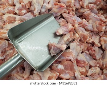 Chicken meat and parts are packed in the supermarket.