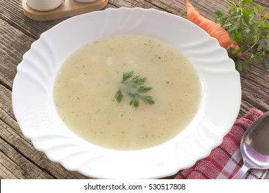 Chicken Mushroom Cream Soup In Plate On Table