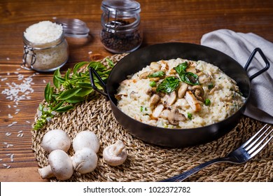 Chicken Mushroom  Risotto, Italian risotto served with chicken grill and fresh mushroom, green bean tossing with Alfredo sauce 