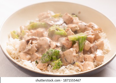 Chicken And Mushroom Stroganoff Over White Rice And Brocolli