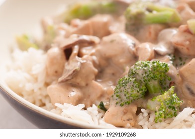 Chicken And Mushroom Stroganoff Over White Rice And Brocolli