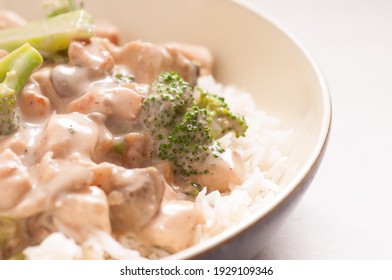 Chicken And Mushroom Stroganoff Over White Rice And Brocolli