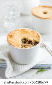 Chicken And Mushrooms Pot Pie In White Ramekin, Selective Focus.