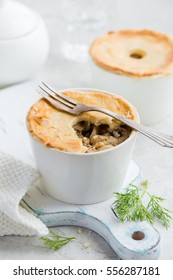 Chicken And Mushrooms Pot Pie In White Ramekin, Selective Focus.