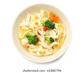 Chicken Noodle Soup In Bowl On White Background