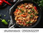 Chicken and Noodles Stir-Fry in a Black Wok