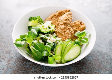 Chicken Nuggets With Fresh Corn Salad, Broccoli, Cucumber And Rice