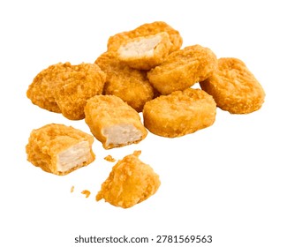 Chicken Nuggets Portion Bite Sized Crispy Pieces Isolated on White Background