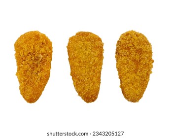 chicken pane, fried chicken breast fillet three pieces top view isolated on white background