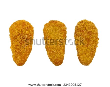 chicken pane, fried chicken breast fillet three pieces top view isolated on white background