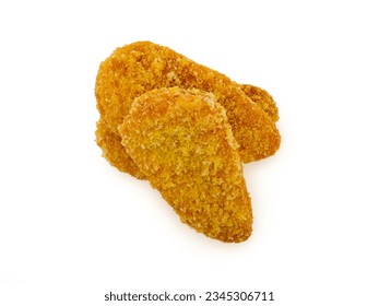 chicken pane , fried chicken breast fillets three pieces isolated on white background top view