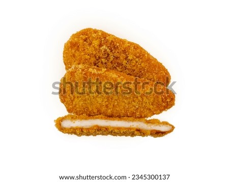 chicken pane , fried crispy chicken breast fillet many pieces isolated on white background top view