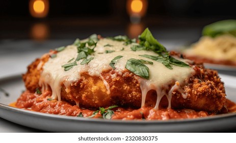 Chicken parmesan with pasta and garnishments - Shutterstock ID 2320830375