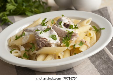 Chicken With Pasta Penne And Avgolemono Sauce In A Bowl