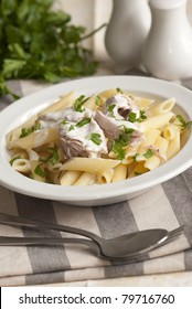 Chicken With Pasta Penne And Avgolemono Sauce In A Bowl