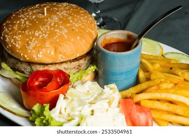 Chicken Patty Burger, Chicken Burger with coleslaw and french fries, Chicken burger on a white plate with dressing and french fries - Powered by Shutterstock