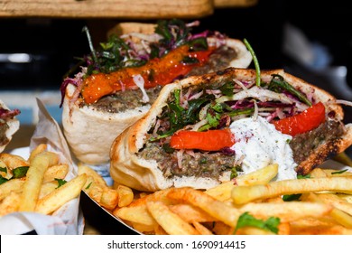 Chicken, Pork Or Lamb Wraps Or Pita Sabich Sandwich - Pita Stuffed With Fried Ingredients And Hard Boiled Eggs Iraqi Jews Dish