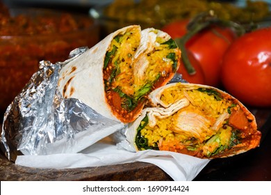 Chicken, Pork Or Lamb Wraps Or Pita Sabich Sandwich - Pita Stuffed With Fried Ingredients And Hard Boiled Eggs Iraqi Jews Dish