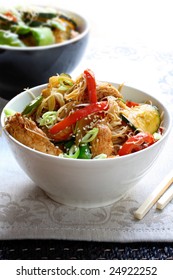 Chicken Or Pork Stir Fry With Vegetables And Rice Noodles.