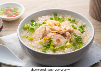 Chicken Porridge,rice Soup With Sliced Chicken Breast In White Bowl.Asian Breakfast Style