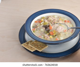 Chicken Pot Pie Soup Made With Thanksgiving Turkey Leftovers.  Ingredients: Vegetable Broth, Potatoes, Corn, Carrots, Mushrooms, Peas, Green Beans, Celery.