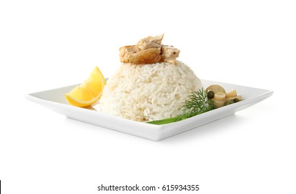 Chicken And Rice On Plate Isolated On White