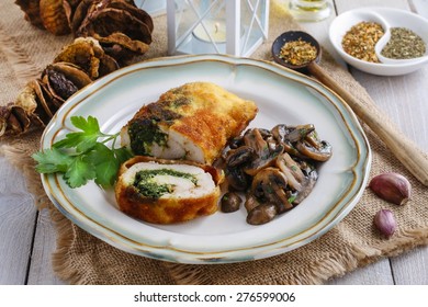 Chicken Roll Stuffed With Spinach And Roasted Mushrooms