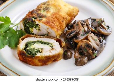 Chicken Roll Stuffed With Spinach And Roasted Mushrooms