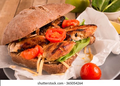 Chicken Sandwich Made From Thanksgiving, Christmas Dinner Leftovers On Wholemeal Bread. Selective Focus.