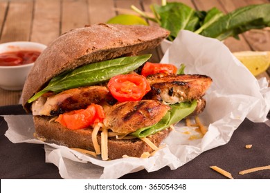 Chicken Sandwich Made From Thanksgiving, Christmas Dinner Leftovers On Wholemeal Bread. Selective Focus.