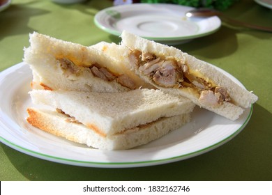 Chicken Sandwich. Plain Pieces Of Bread With Boiled Chicken.